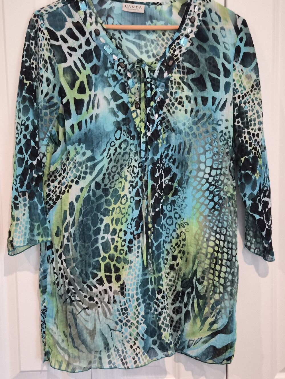 C.A.N.D.A C&A Sheer Animal Print Tunic Top Blue Green Jeweled Lace V-Neck Large